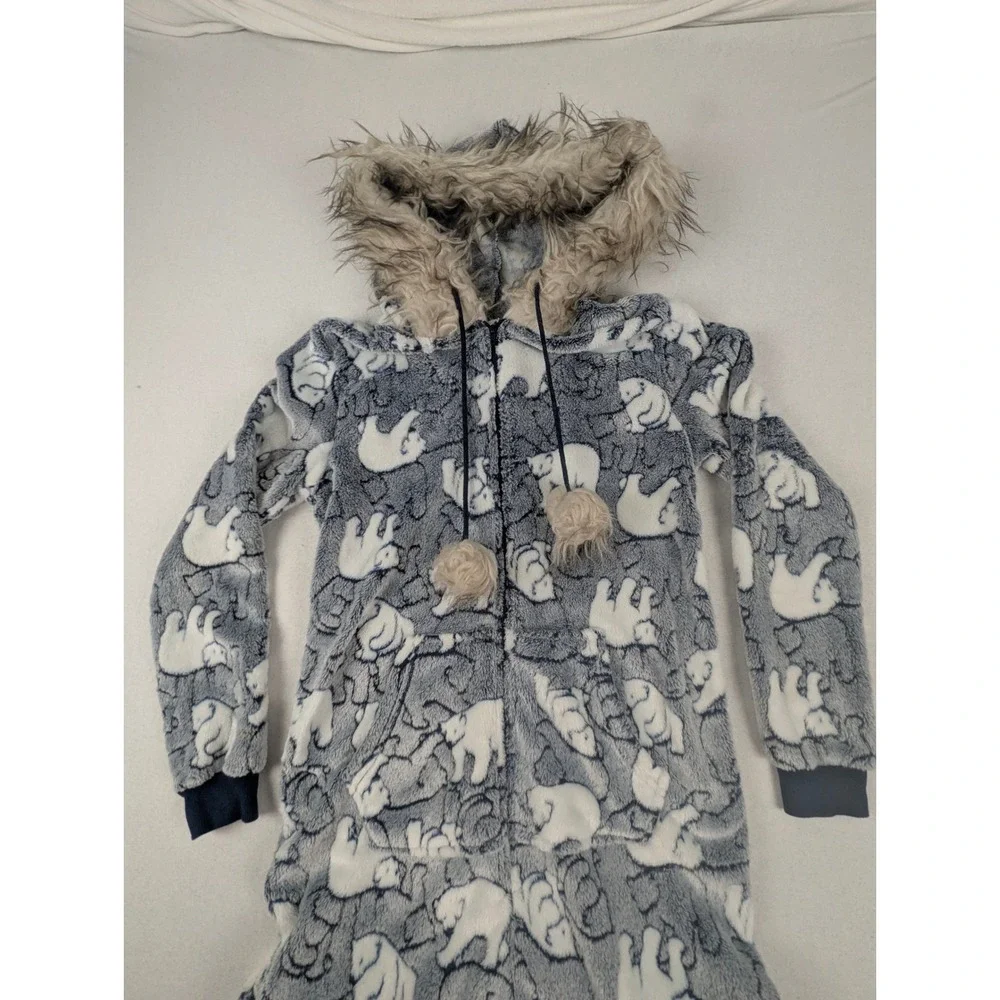 Hooded Pajamas Kids 4-6 Polar Bear Fleece Suit Secret Treasures Blue Faux Fur